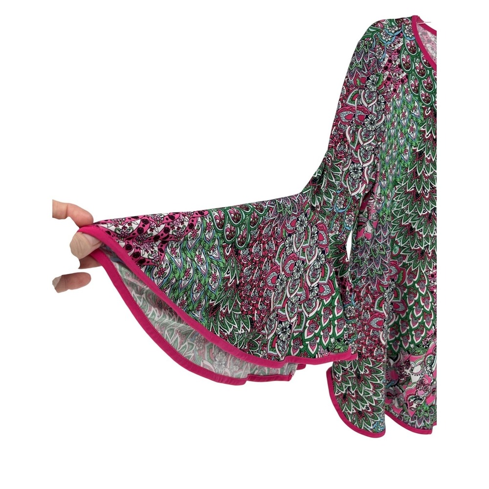 Coco Bianco Bell Sleeve Blouse Pink Green Paisley Floral Stretch Top L Boho